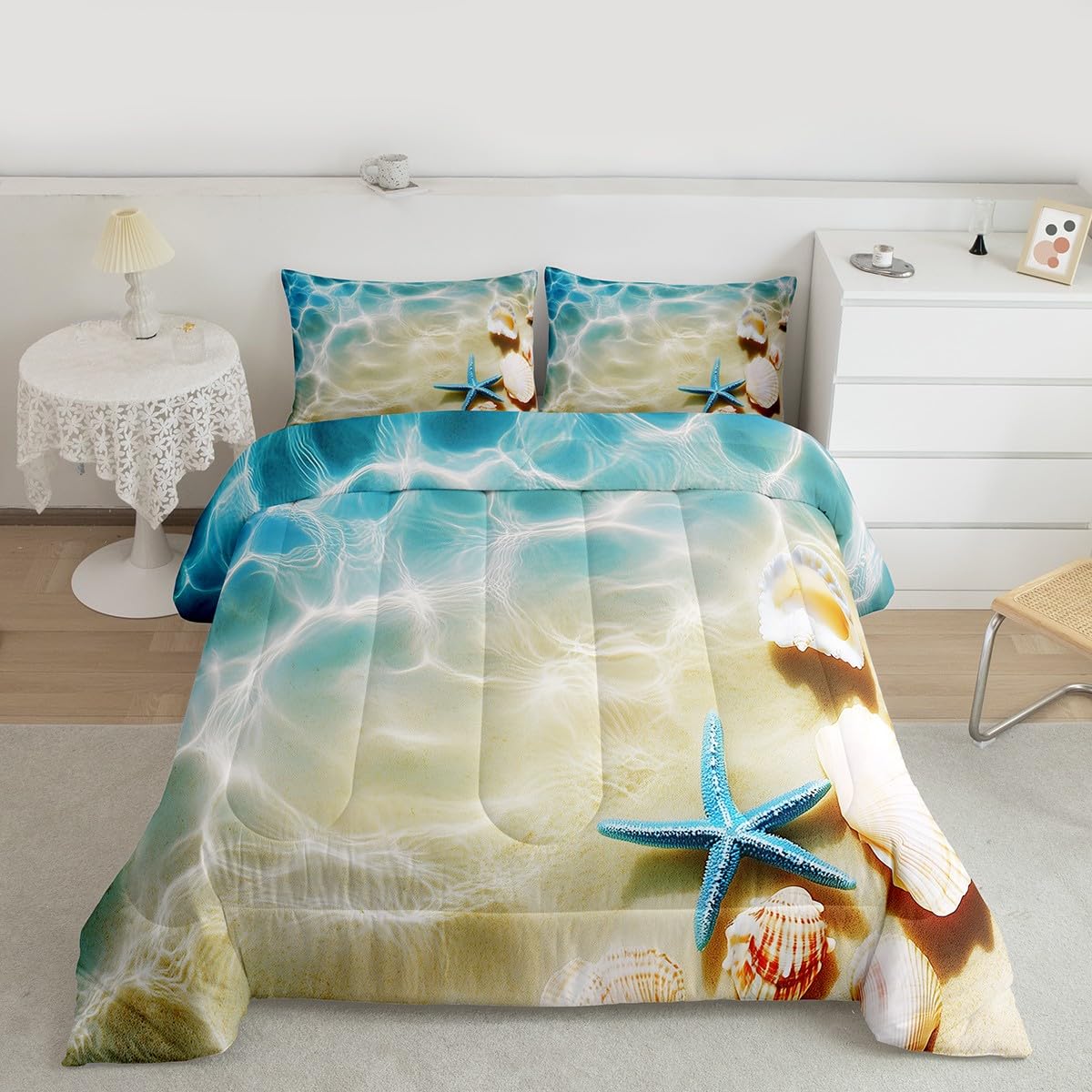 Ocean Comforter Set Queen Beach Bedding Coastal Nature Theme Pattern Teal Duvet Set Boys Girls Hawaiian Quilt Sets Sea Wave Animals Starfish Reversible Comforter Set 2 Pillowcases, Blue Room Decor
