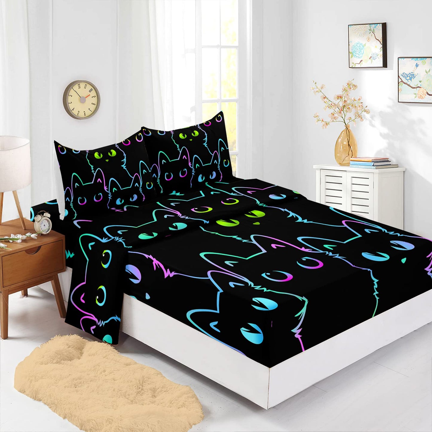 Axolotl Kids Bedding Cute Cat Sheet Set Twin Size, Gradient Line, 4Pcs Kawaii Cat Bed Sets with 1 Fitted Sheet 1 Flat Sheet 2 Pillowcases for Kids Boys Girls Adults Teens, Black