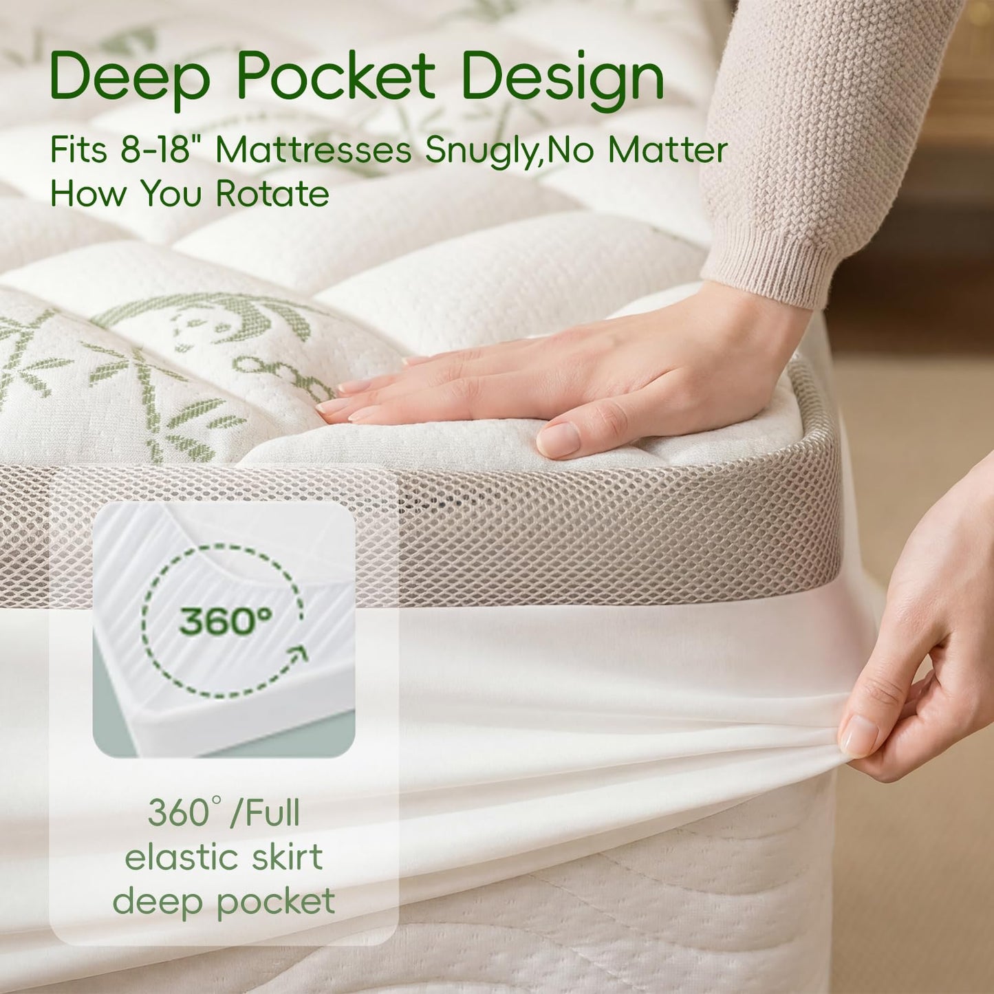 NEWDECO Twin XL Size Mattress Topper Cooling Viscose Made from Bamboo Thick Support Pillow Top Mattress Pad for Back Pain Relief Soft Breathable Mattress Cover with 8-18” Deep Pocket (Green, Twin XL)