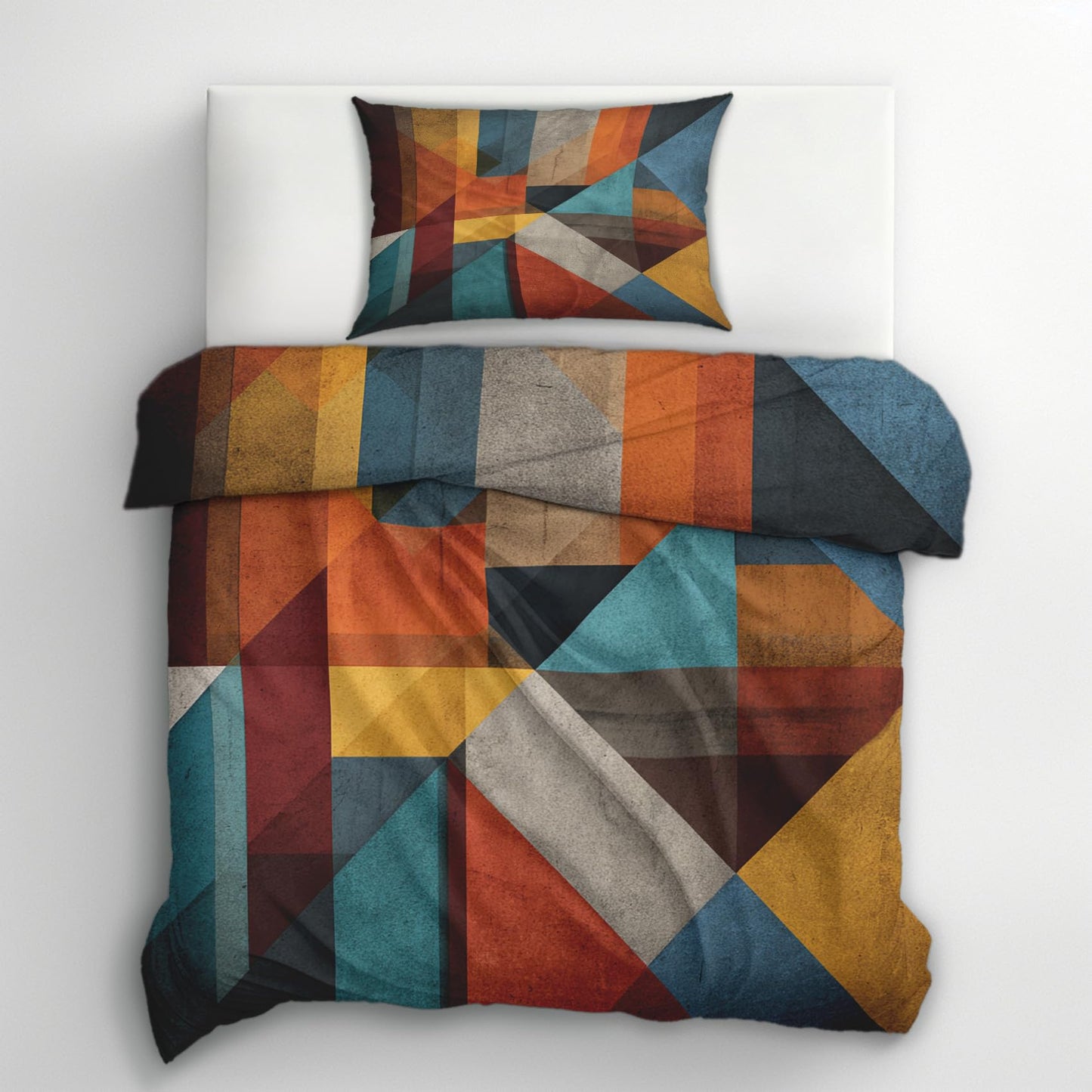 Patchwork Geometric Queen Duvet Cover Set 3 Piece, Retro Abstract Art Reversible Bedding with 2 Pillow Shams, Zipper & Ties, Ultra Soft Microfiber, Geometric Bedroom Decorations 60A-T