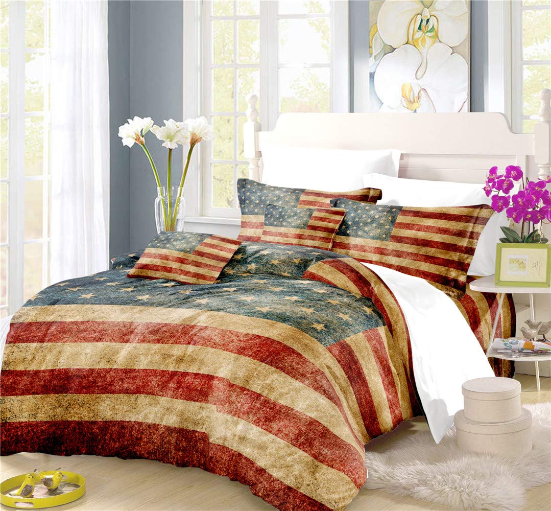REALIN American Flag Duvet Cover Set Stars and Stripes Bedding Vintage Bed Sets 2/3/4PCS Quilt Covers/Sheets/Pillow Shams,Twin/Full/Queen/King (D,Twin-172x218cm-3PCS)