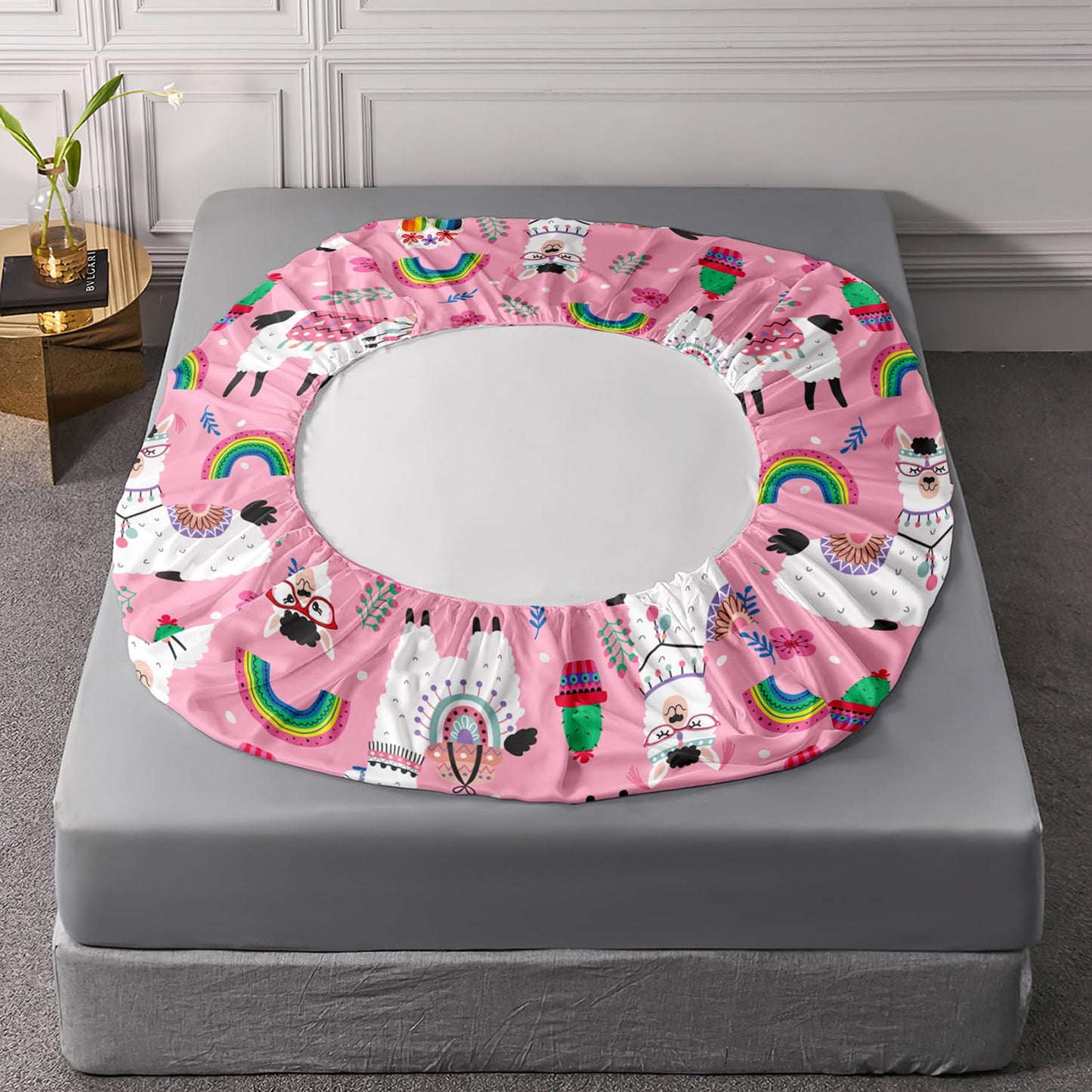 HOSIMA Kids Girls Pink Twin Fitted Sheet with 2 Pillowcases,Cute Llama Alpaca Fitted Sheet Animal Bedding Sets for Room Decor,Rainbow Cactus Flower Sheets with 15Inch Deep Pockets.