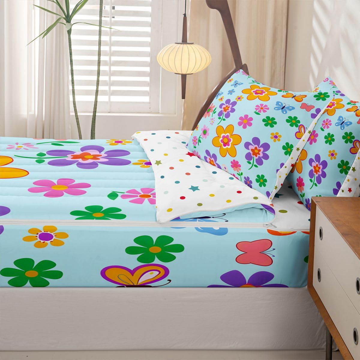 Feelyou Cartoon Cute Flower Zipper Bedding Queen Botanical Floral Bedding Sets for Kids Boys Girls Blue Aesthetic Flower Comforter Set with Fitted Sheet 2 Pillowcases One Zipper Bed Set