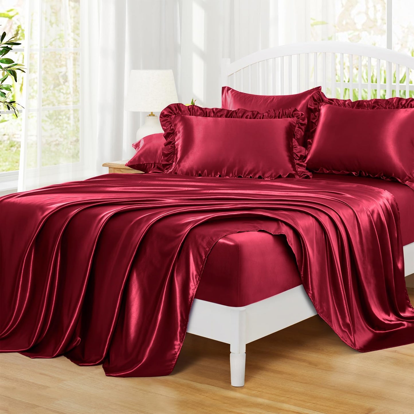 Homiest Ruffled Satin Sheets Full Size 6pc Set - Burgundy Bed Sheet Set with 15 Inch Deep Pocket Fitted Sheet, 1 Flat Sheet, 2 Ruffled Pillow Shams & 2 Pillowcases, Similar to Silk Sheets