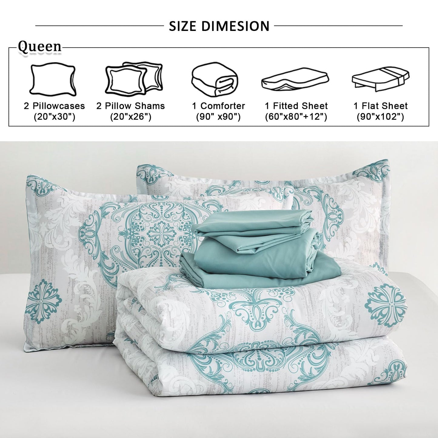 WONGS BEDDING Aqua Comforter Set Queen Size, Damask Texture 7 Pieces Bed in a Bag Microfiber Bohemian Comforter Bedding Sheet Set with Comforter, Flat Sheet, Fitted Sheet,Pillow Shams,Pillowcases