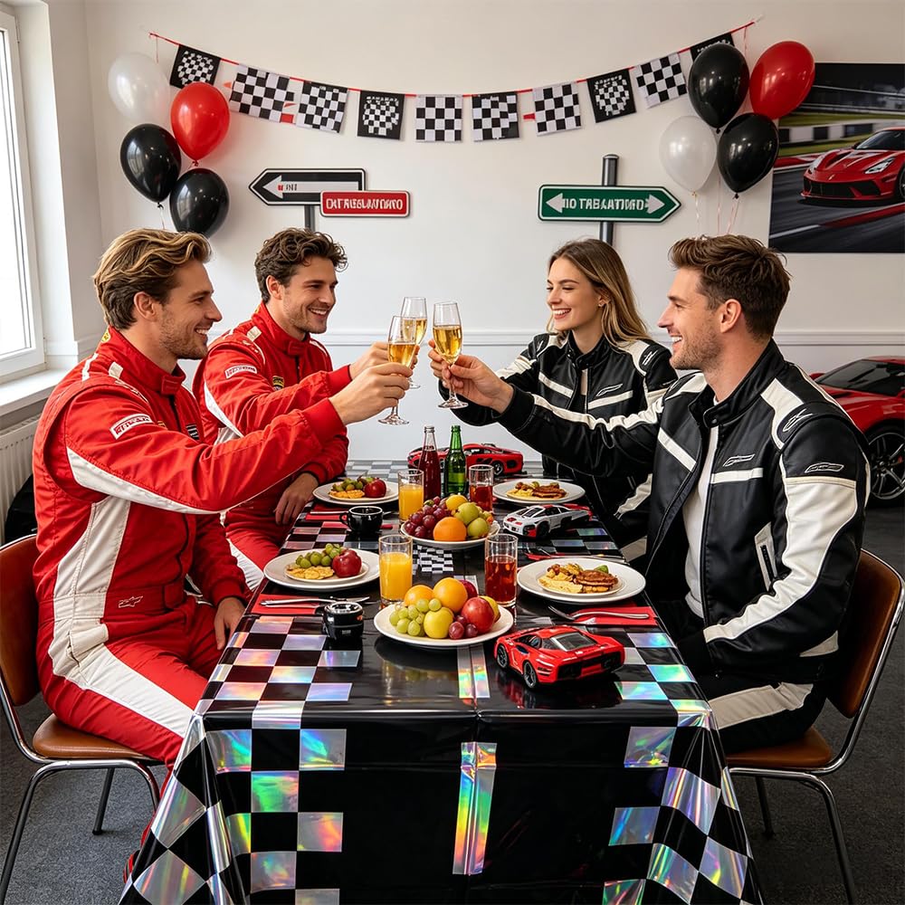 2Pack Iridescent Race Car Checkered Tablecloth Disposable Party Decorations