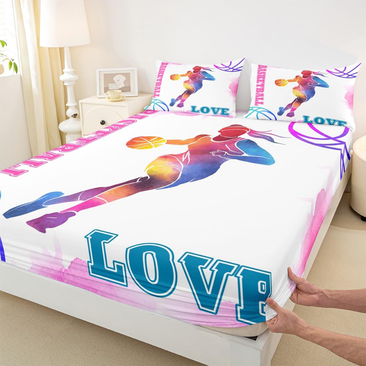 Basketball Lovers Kids Sheet Full Size,Modern Sports Games Competition Bedding Set,Girls Boys Adults Room Decor,Hand Painted Fashion Pink Purple Bed Sheet Set 4pcs(Fitted + Flat + 2 Pillowcases)