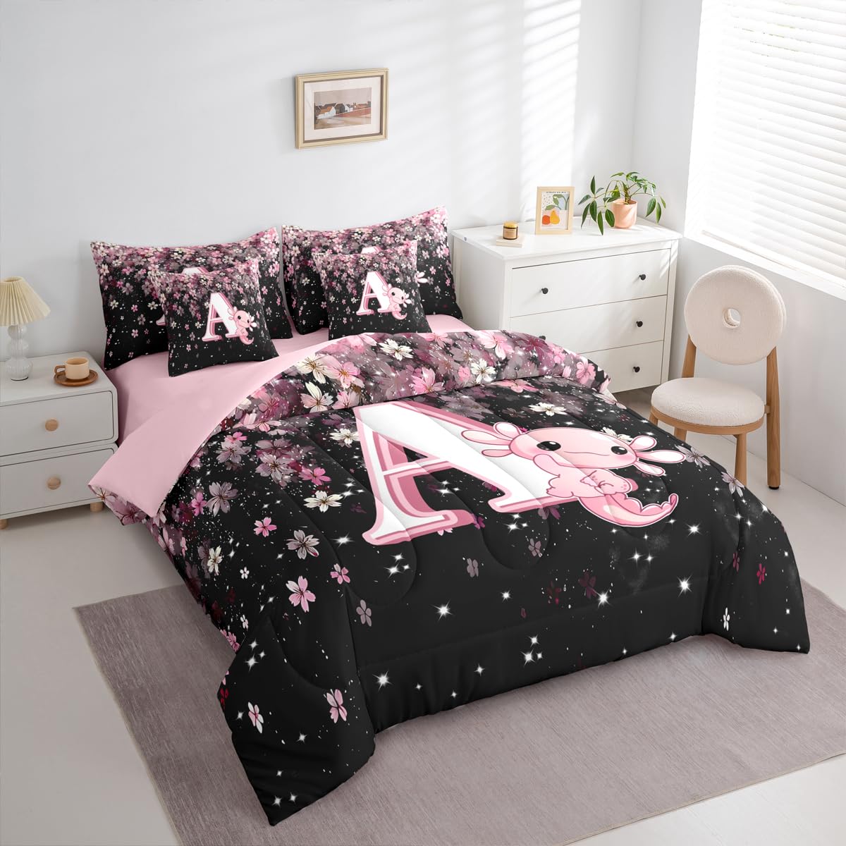 Erosebridal Pink Axolotl Comforter Set for Teen Girl (Pink Black,7Pcs,Twin Size) - Cute Initial Letter A Bed in A Bag Cherry Blossom Bedding Set Girly Preppy Cute Axolotl Quilt with Initial Design