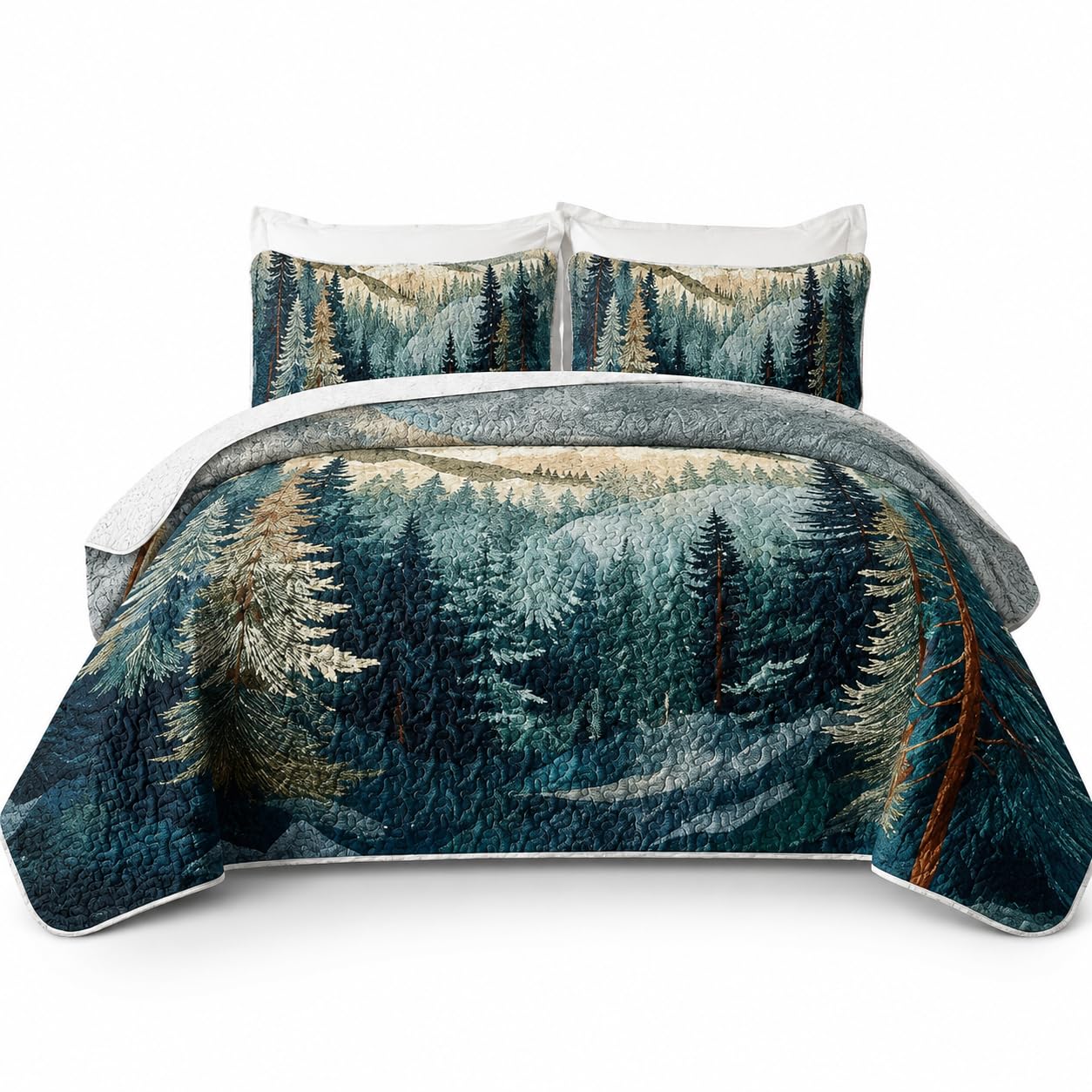 AILONEN King Bedspread Coverlet,Mountain Forest Pine Tree Textured Landscape Blue Green Bedding Quilt,2 Pillowcases,Lightweight Microfiber