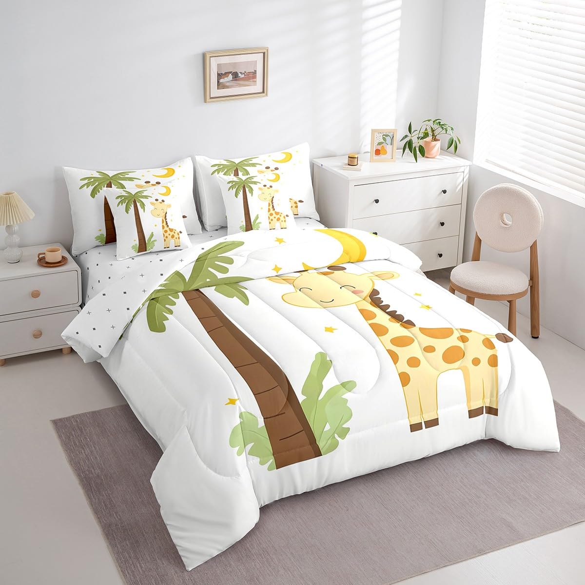 Erosebridal Kawaii Giraffe Twin Size Comforter Set with Sheets Kids | Cartoon Safari Wild Print 7-Piece Bedding Set Watercolor Green Eucalyptus Bed in a Bag African Jungle Animal Bed Quilt Sets