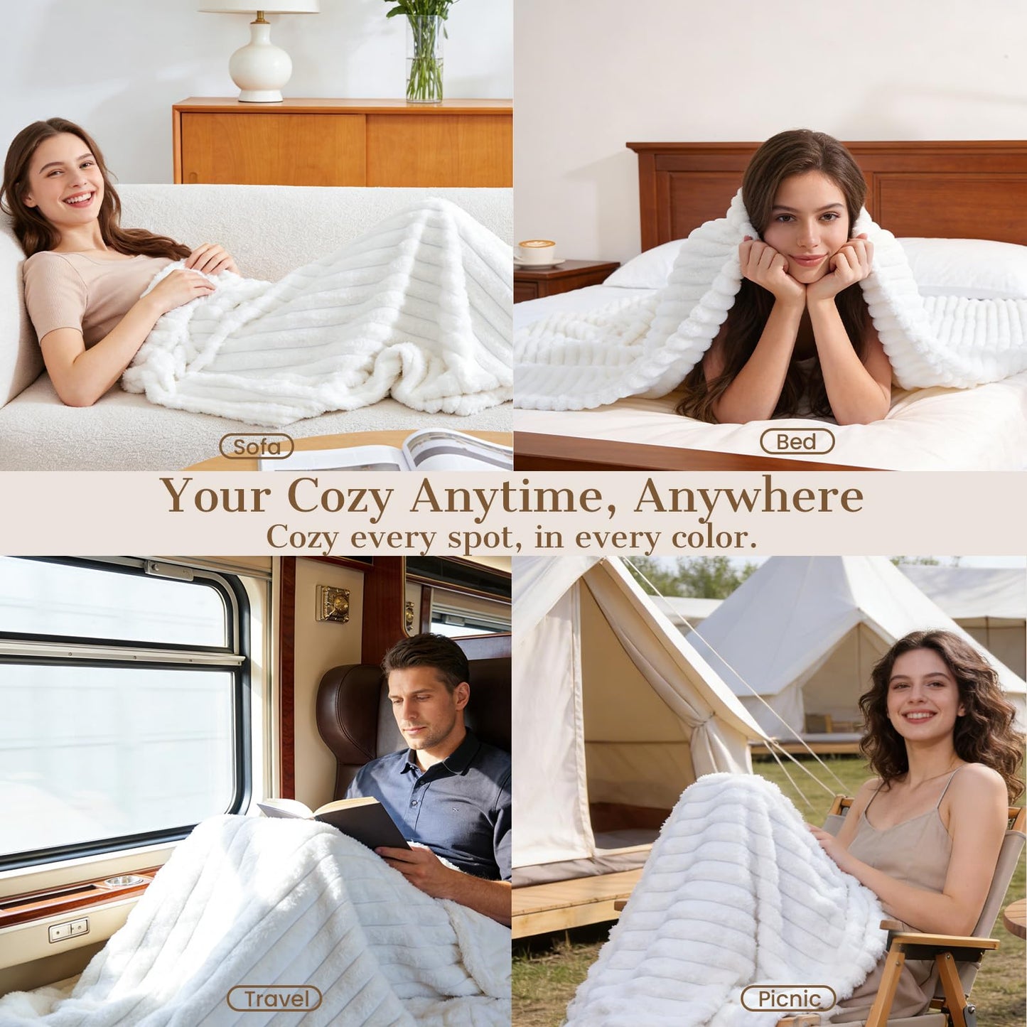 Throw Blanket for Couch, Cozy Blanket for Women, Cute Fleece Throw for Girls, Soft & Warm Fluffy White Blanket