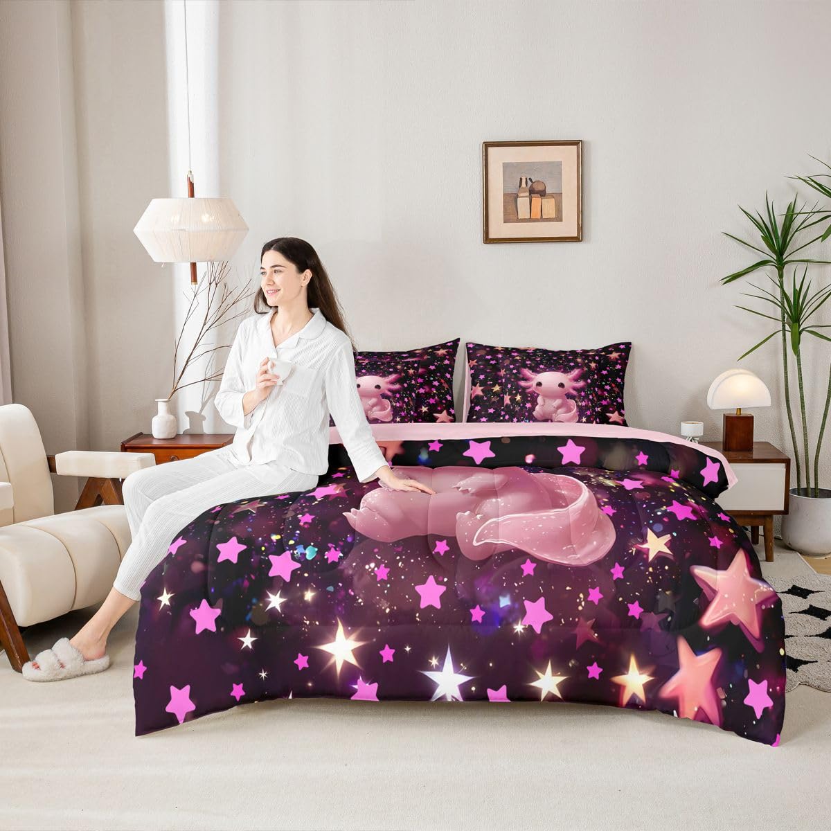 Erosebridal Kids Pink Axolotl Twin Size Bedding Set Girls Pink and Black Starry Sky 7 Pieces Comforter Set with Sheets Teens Cute Axolotl Bed in a Bag Girly Stars Reptile Animal Bed Sets