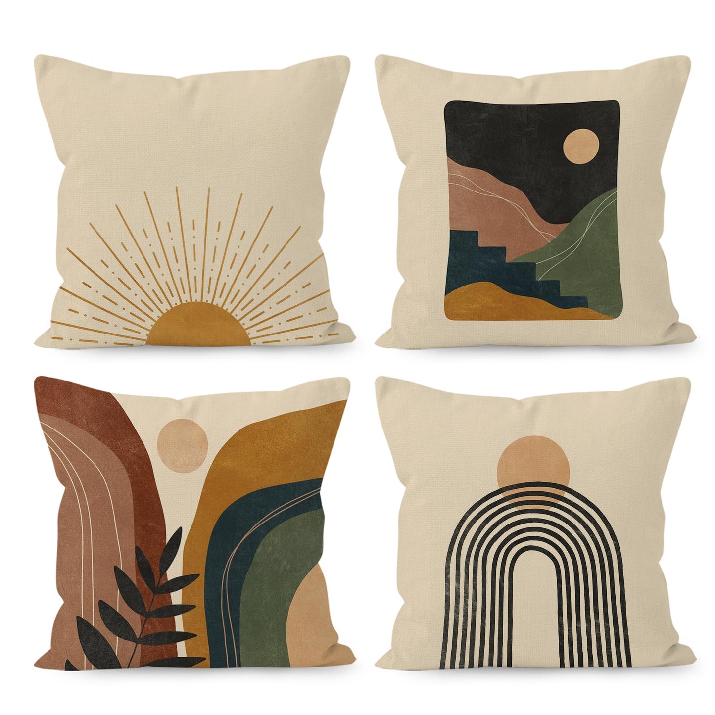 HUYAW Boho Throw Pillow Covers 18x18,Boho Sun Sunset Sunrise Rainbow Mountain Throw Pillows Covers, Abstract Pillow Covers Cover for Bed Couch Room Sofa Decor Set of 4