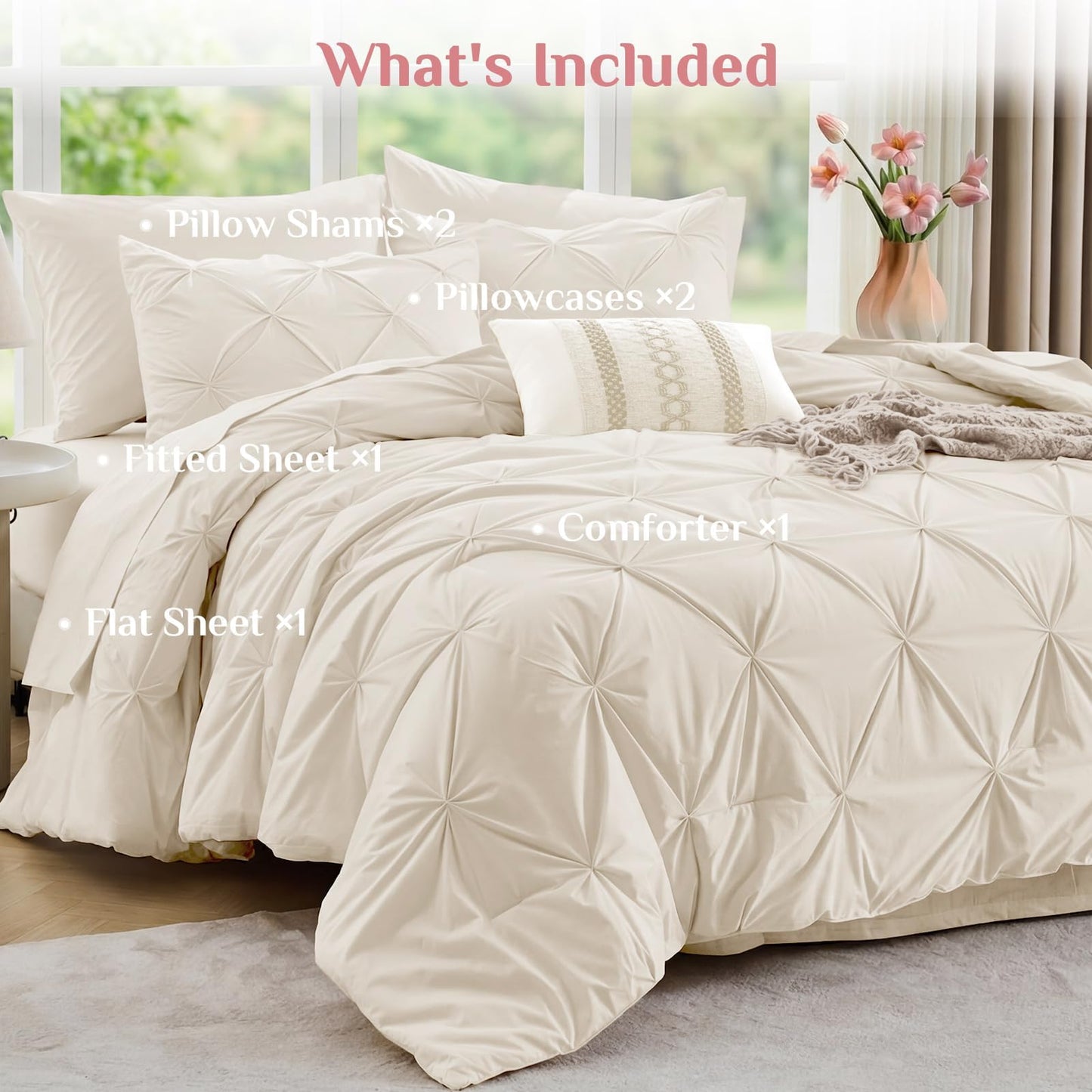 JOLLYVOGUE Queen Comforter Set 7 Pieces - Bed in a Bag Queen for All Season, Pintuck Bedding Comforter Sets with Comforter, Flat Sheet, Fitted Sheet and Pillowcases & Shams, Beige