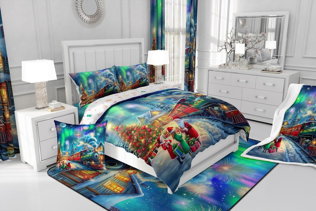 Erosebridal Aurora Train Twin Comforter Set,Steam Train Bedding Set Xmas Gifts for Boys Girls Kids,Christmas Tree Santa Claus Quilt Bed Set Winter Scene Bed Comforter Set 2Pcs Bedroom Decor