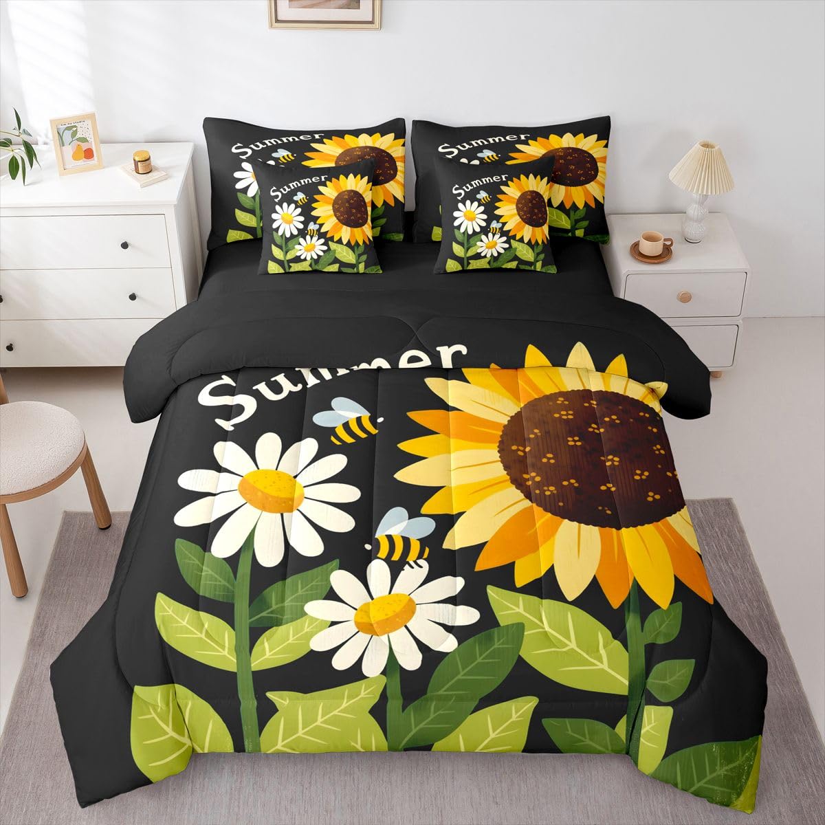 Erosebridal Summer Sunflower Bee Queen Bedding Set Retro Floral Bee Comforter Set with Flat and Fitted Sheet Kids Boys Girls Boho Garden 7-Piece Bed in a Bag Minimalist Floral Art Quilt Sets