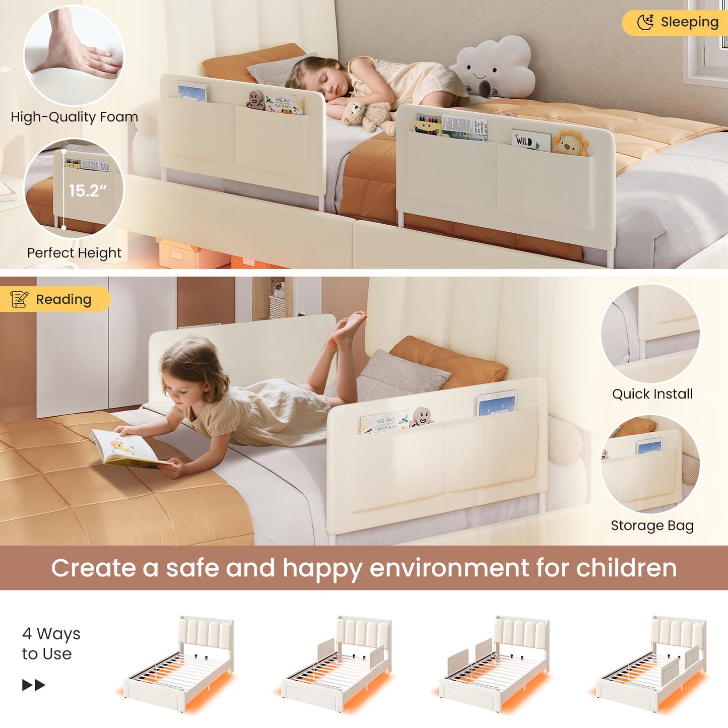 DICTAC Twin Size LED Bed Frame with Storage Drawer and Safety Guardrails, Velvet Upholstered Platform Bed for Kids with Chic Wavy Storage Headboard, Charging Station, Heavy Duty Metal Support, Beige