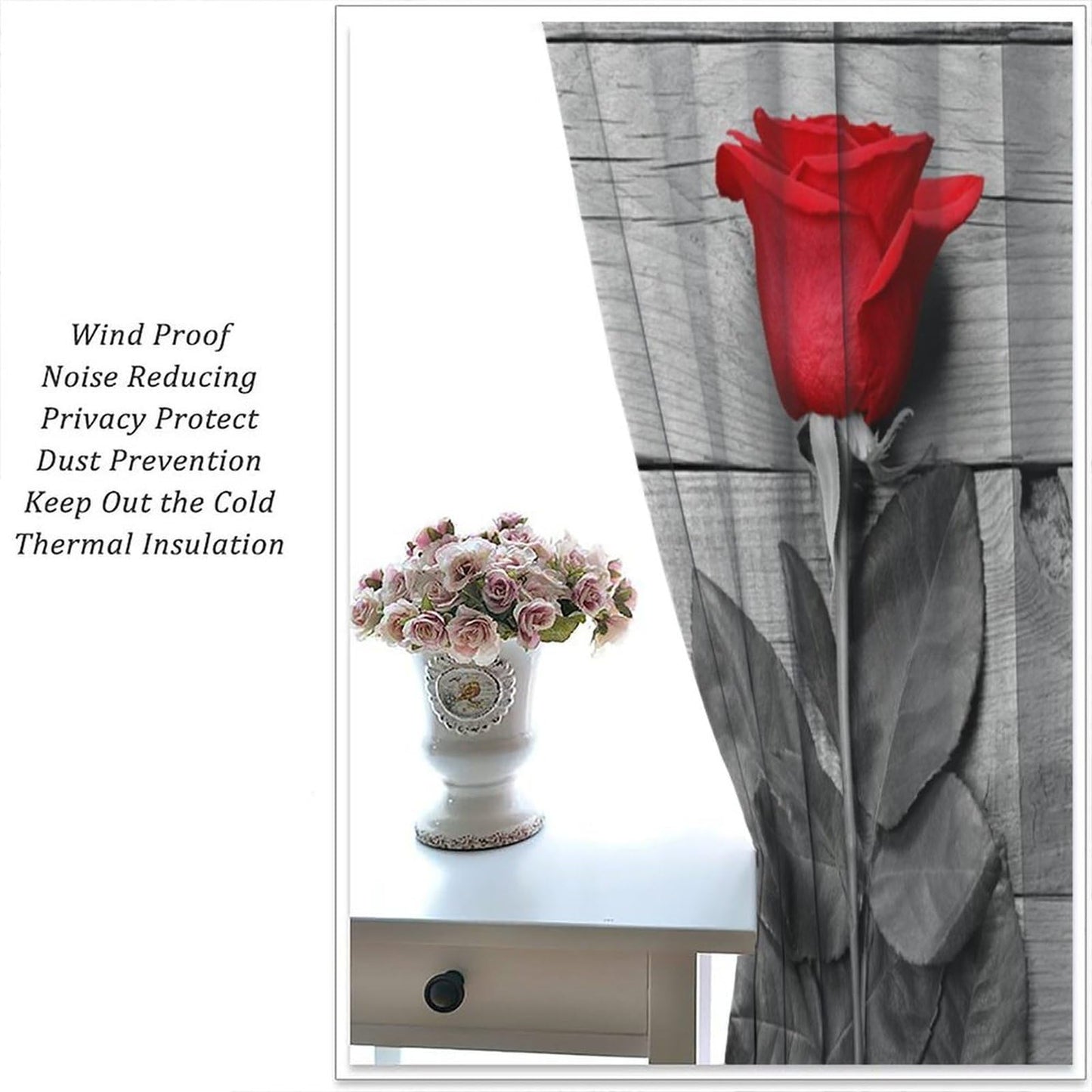 GoDazzling Red Rose Wooden Floral Curtains, Farmhouse Rustic Flower Black Red Rod Pocket Window Drapes, for Bedroom Living Room. 41" W X 45" L (No Blackout)