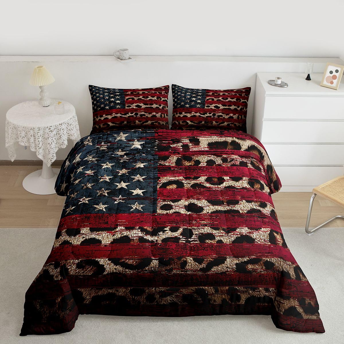 jejeloiu Leopard Print Bedding Set Soft for Boys Girls, American Flag Comforter Set Queen Size Cheetah Print Duvet Quilt Microfiber Modern Art Bedroom Decor 3 Pcs with 2 Pillow Cases