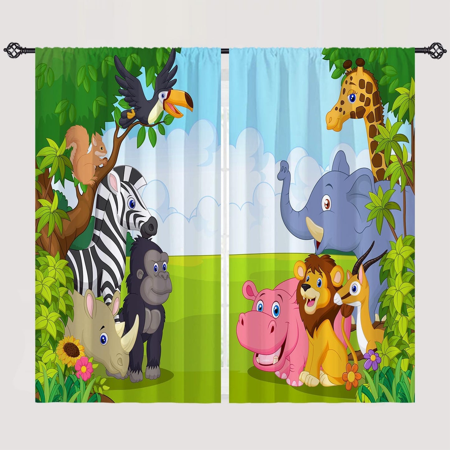 YUANZU Kids Animal Curtains W42 x L63 Inch Rod Pocket Jungle Safari Wildlife Zoo Elephant Giraffe Lion Print Pattern Privacy Fabric Window Drapes for Boys Bedroom Nursery Baby Playroom 2 Panels
