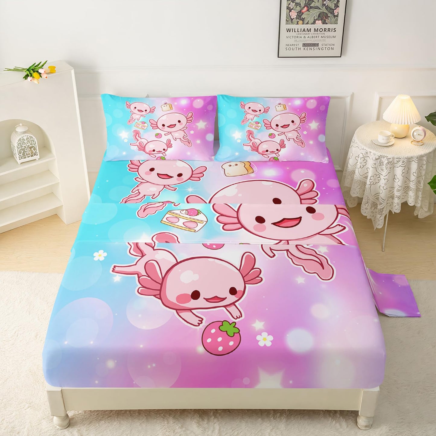 QOOMO Pink Axolotl Microfiber Flat Fitted Sheets Set for Children Strawberry Cake Super Soft Kids Bedding Set Gradient Bubble Room Decoration Queen Size 1 Fitted Sheet, 1 Flat Sheet, 2 Pillow Cases