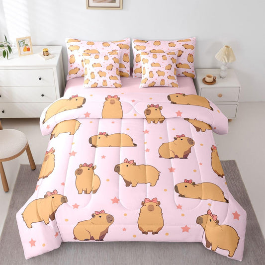 Feelyou Capybara King Comforter Set with Sheets for Kids Boys Girls Pink Brown 7 Pieces Bedding Set Pink Bow Accent Bed in a Bag Cute Pet Room Decor Watercolor Animal Texture Soft Lightweight