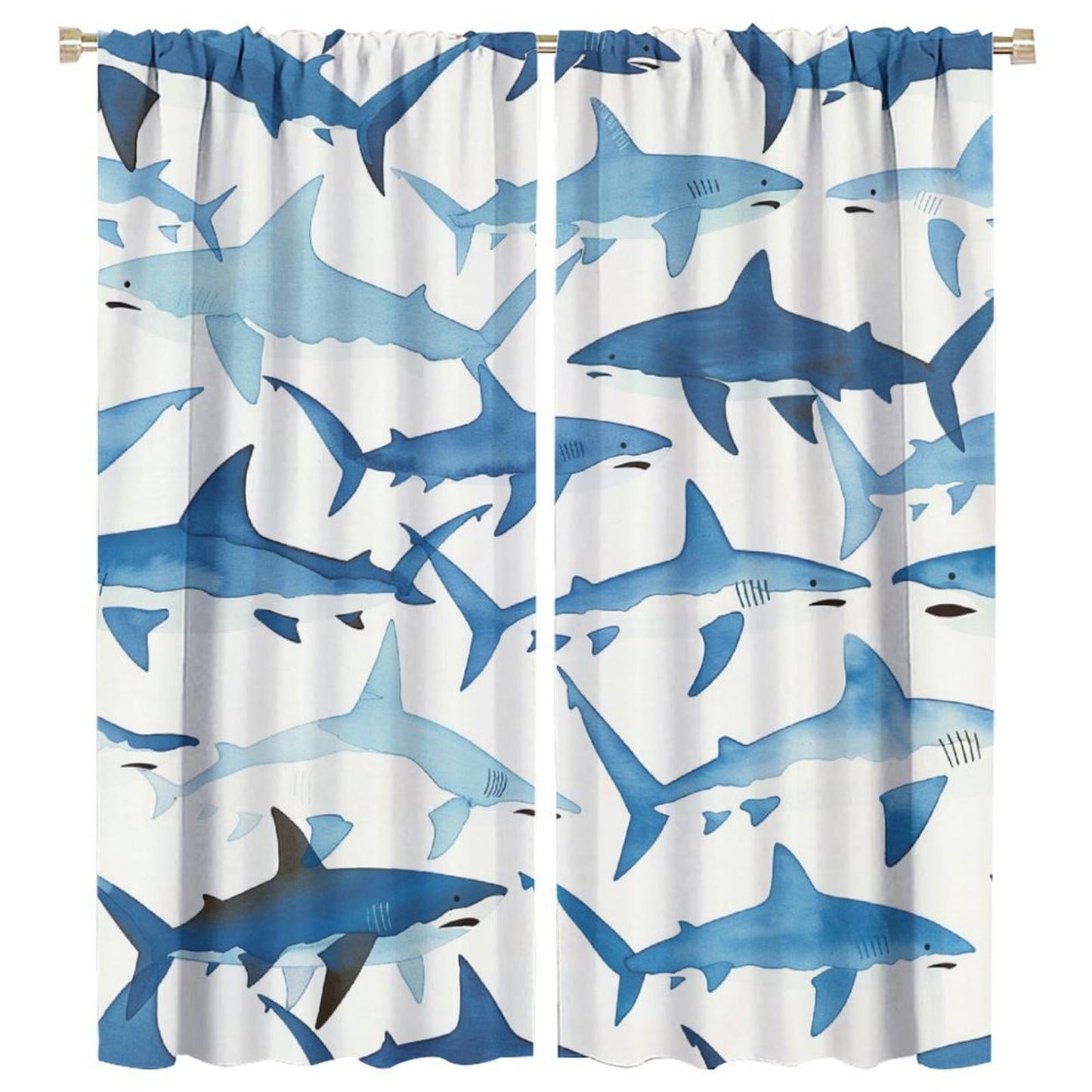 TOWINSFB Ferocious Shark Blackout Curtains for Bedroom Living Room, Repetitive Marine Life Blue Sea Curtains Rod Pocket Thermal Insulated Window Drapes, 2 Panels/Each 21" W x 45" L