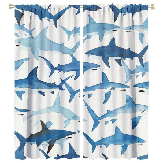 TOWINSFB Ferocious Shark Blackout Curtains for Bedroom Living Room, Repetitive Marine Life Blue Sea Curtains Rod Pocket Thermal Insulated Window Drapes, 2 Panels/Each 21" W x 45" L