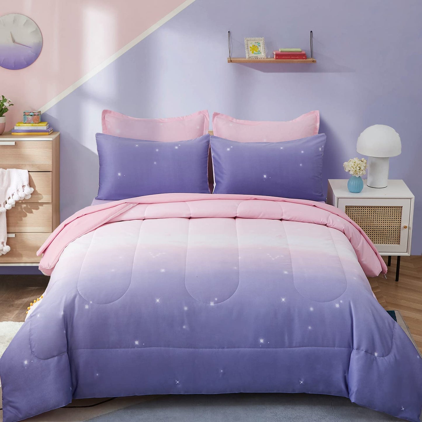 Dinjoy Girls Women Comforter Set King Size Ombre Pink Purple Rainbow Bedding Set 7 Pieces Bed in A Bag for Teen Adult (1 Comforter, 1 Flat Sheet, 1 Fitted Sheet, Pillow Shams & Pillowcases)