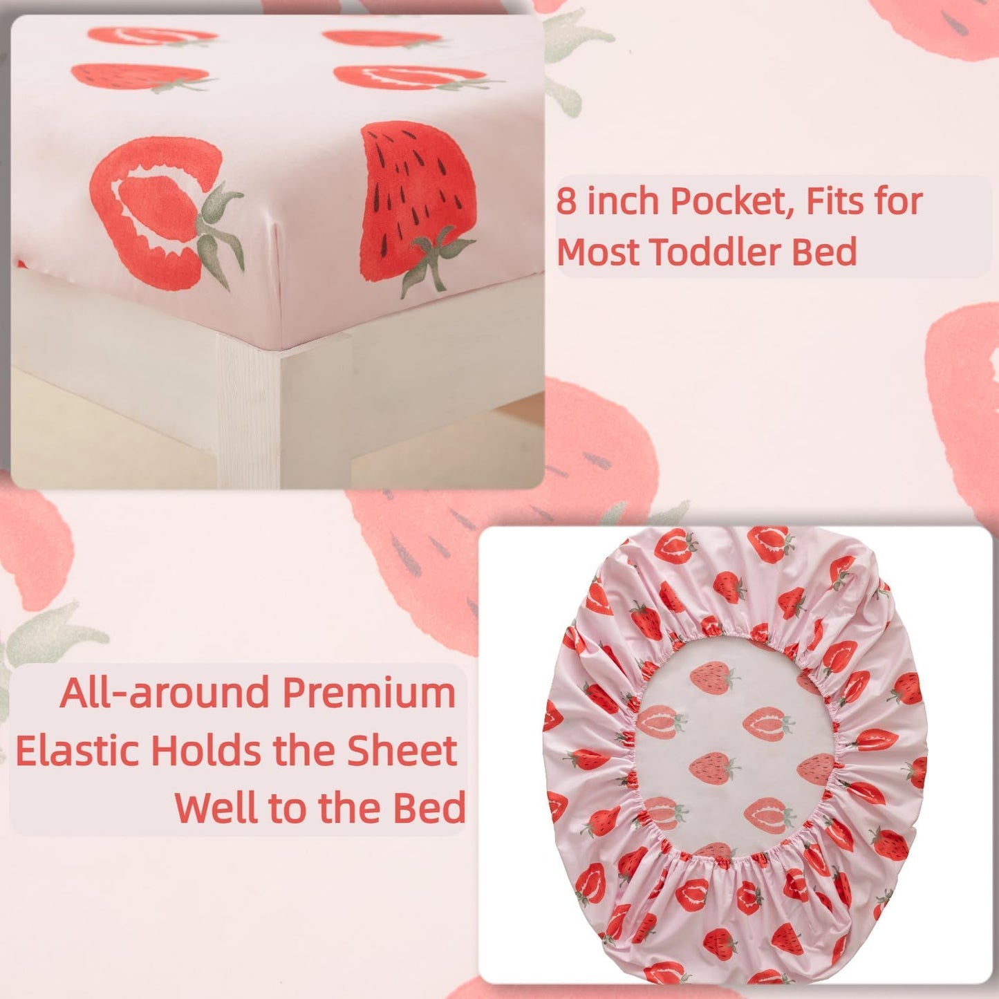 SDIII 4 Piece Strawberry Toddler Bedding Set, Kawaii Fruit Printed Pink Toddler Bedding Girl with Comforter, Fitted Sheet, Flat Sheet, Pillowcase