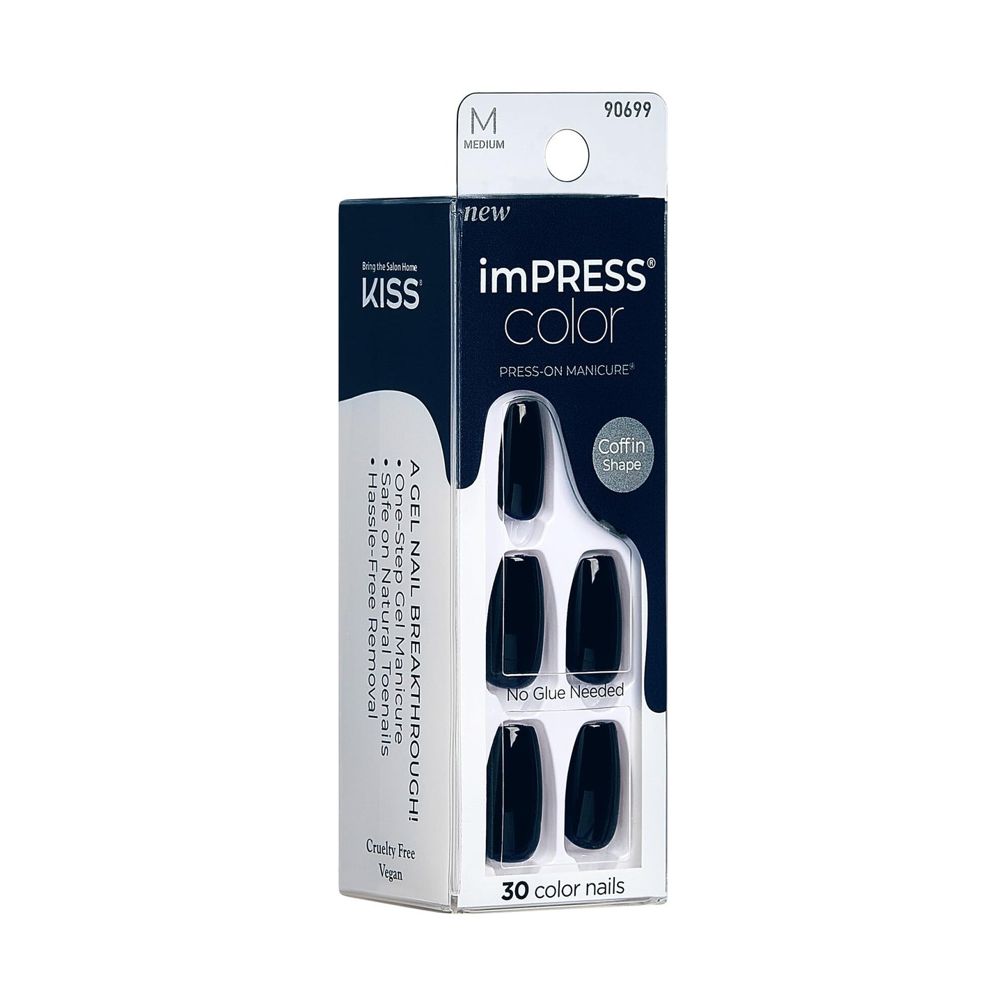 KISS imPRESS Color No Glue Mani 30 Pcs Press On Nails, Navy, Dark Blue, Medium Size, Coffin Shape, Simple Peel & Press Easy Apply, Hassel-Free Removal, Essential Tools Included