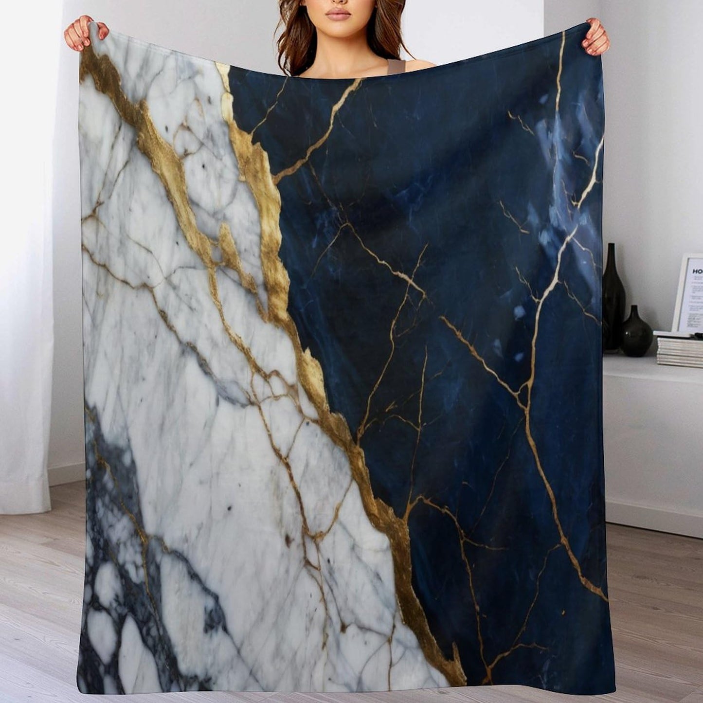 Marble Throw Blanket for Bed Sofa, 40"x50" Super Soft Warm Cozy Fluffy Plush Blanket, Modern Abstract Foil Texture White Navy Blue Gold Marble Flannel Couch Blanket for Travel Camping