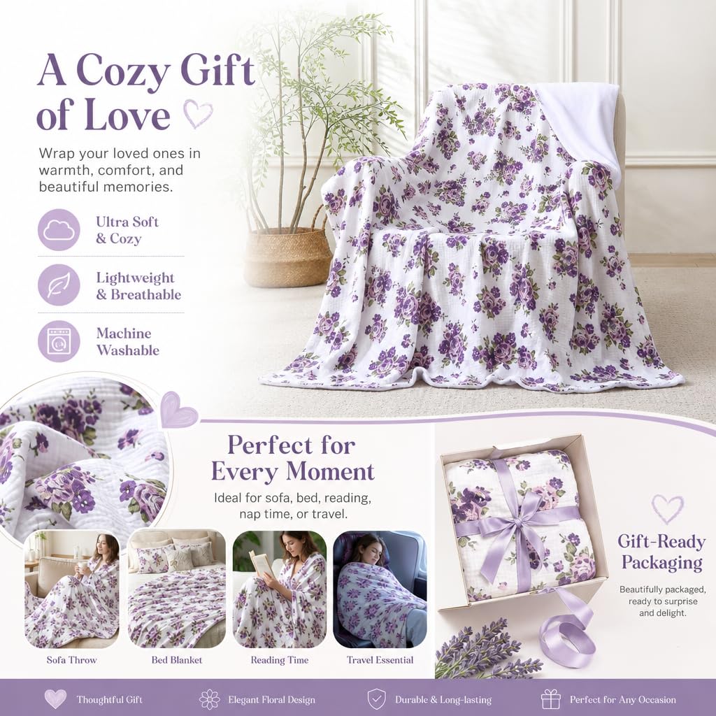 Muslin Blankets for Adults Reversible Throw Fleece & Gauze, Soft Cozy Lightweight Breathable Floral Blanket for Bed Couch, Double Layer Muslin Purple Rose Throw Cover 50"x70"