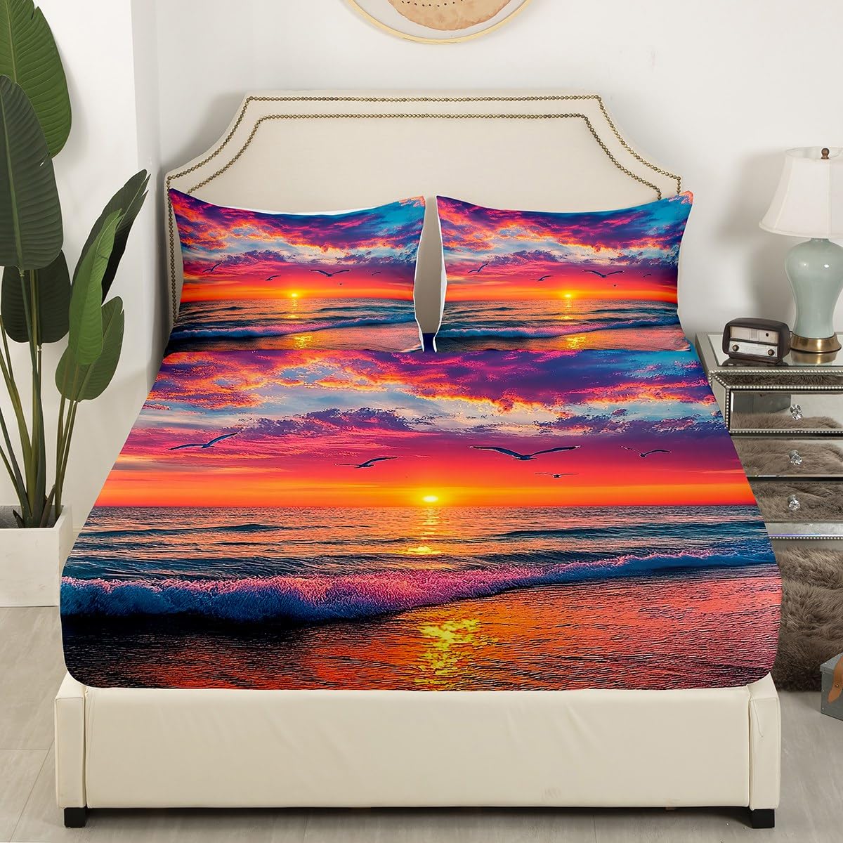 jejeloiu Beach Theme Fitted Sheet Full Size Kids Summer Sea Ocean Sunset Bed Sheets Set for Boys Girls Teens Wave Coastal Seagull Natural Scenery Bedding Set Room Decor