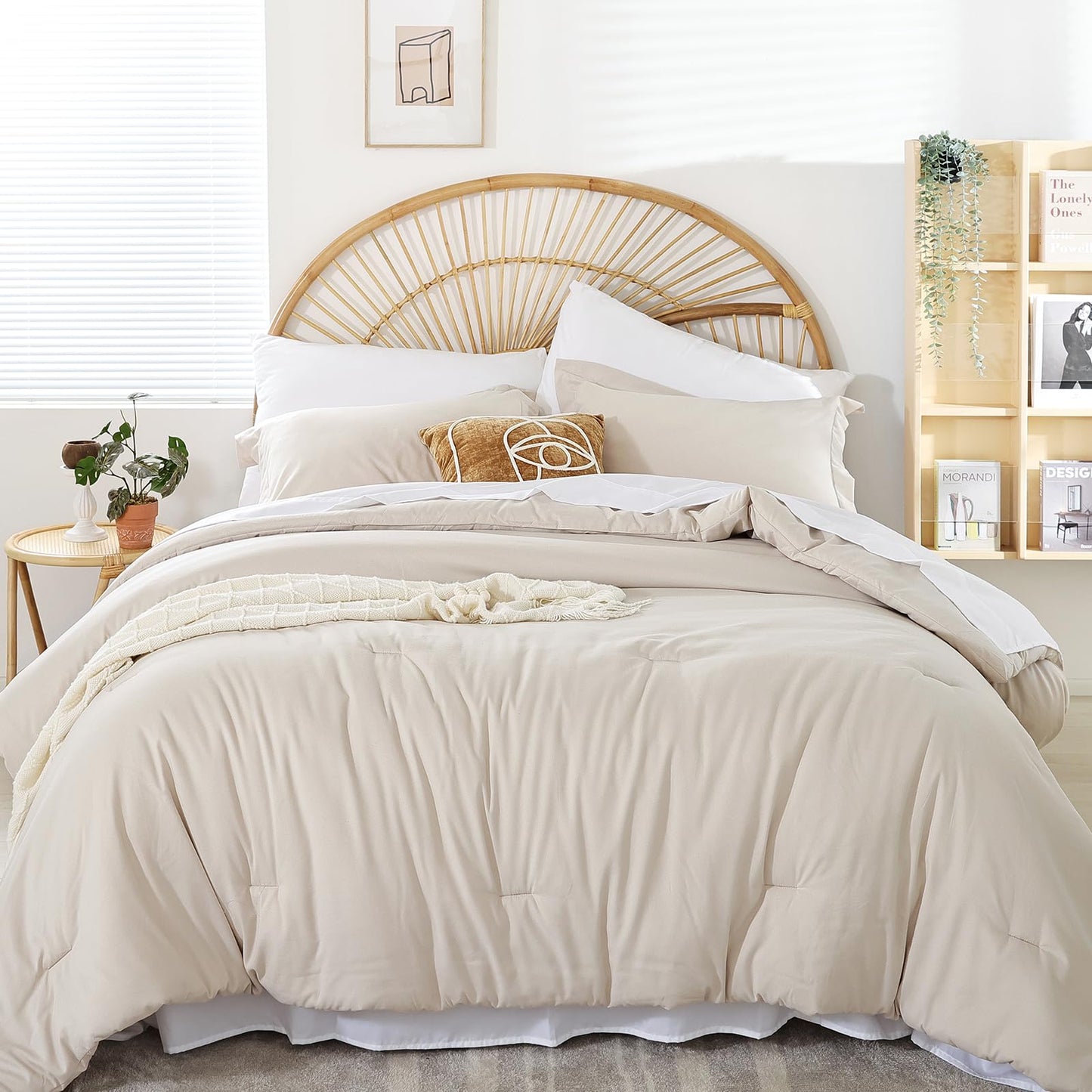 weigelia Queen Comforter Set 7 Pieces Beige Comforter Set Queen Size Bedding Set Soft Microfiber Comforter with Fitted Sheets, Flat Sheets, Pillow Shams, and Pillowcases