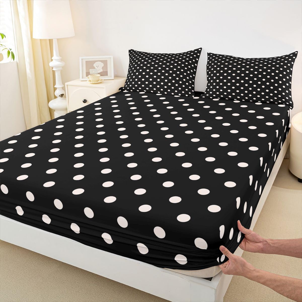 jejeloiu Black White Polka Dot Fitted Sheet Full Size for Kids Boys Girls Retro Cute Polka Dot Bed Sheets Set 16" Deep Pocket Soft Breathable Geometric Bedding with 2 Pillowcases Luxury Room Decor