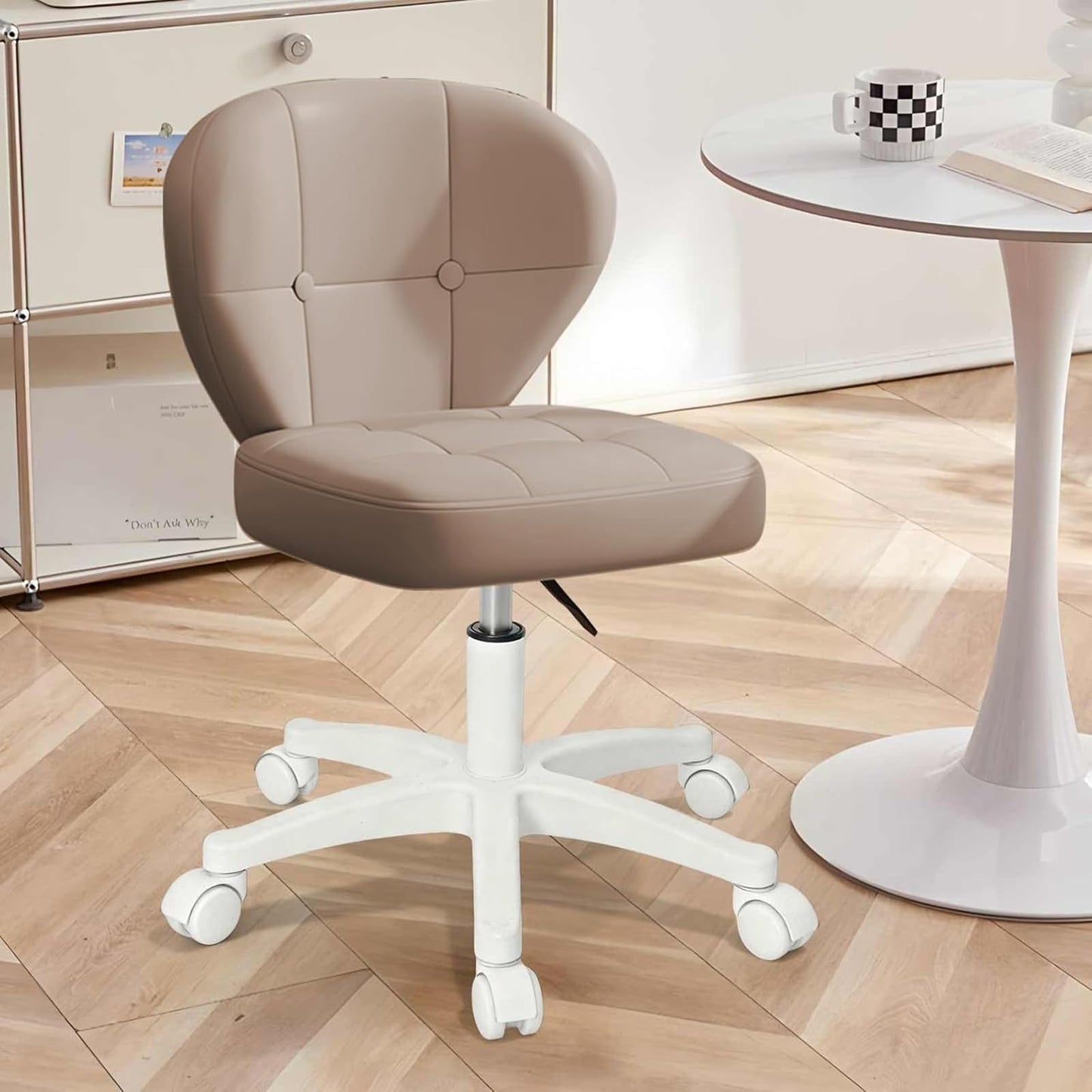 Timbertouch Small Office Chair with Lumbar Support, PU Leather Armless Swivel Desk Chair Adjustable Height, Compact Rolling Chair for Home Office, Bedroom, Study Khaki
