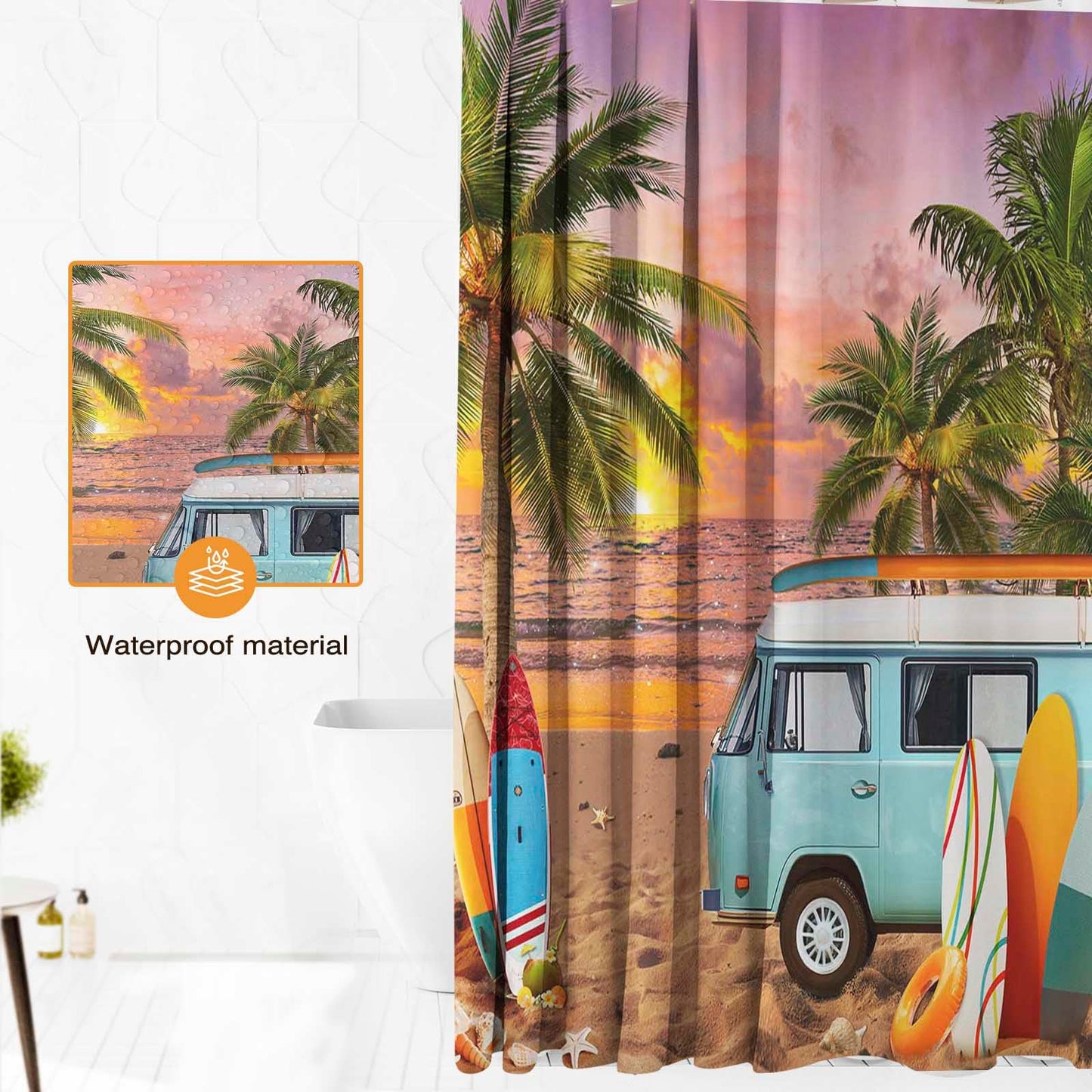 Tropical Beach Ocean Shower Curtain, Beach Palm Tree Summer Bathroom Decor Bath Curtain, Waterproof Hawaii Coastal Surfboard Tour Bus Bath Curtain, 72 X 72 Inch (Orange, 72"W x 72"L (Pack of 1))