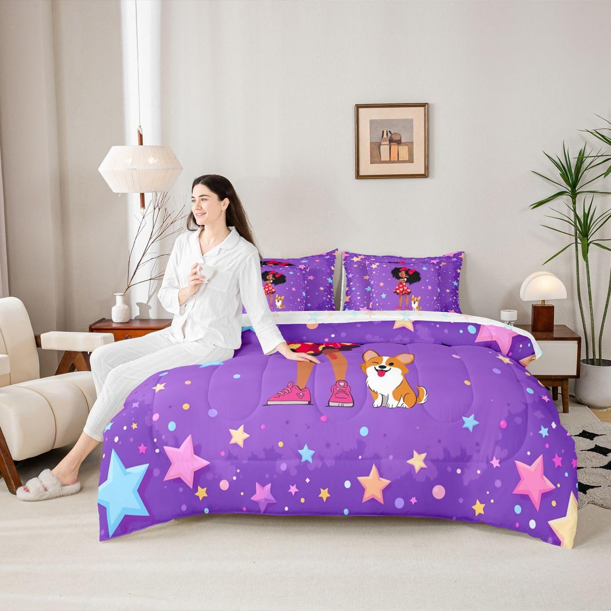 Erosebridal Cartoon Black Girls Queen Bedding Set Coloful Stars Print Comforter Set with Flat and Fitted Sheet Kids Teen Cute Polka Dots 7-Piece Bed in a Bag Kawaii Bow Girl Dog Quilt Sets