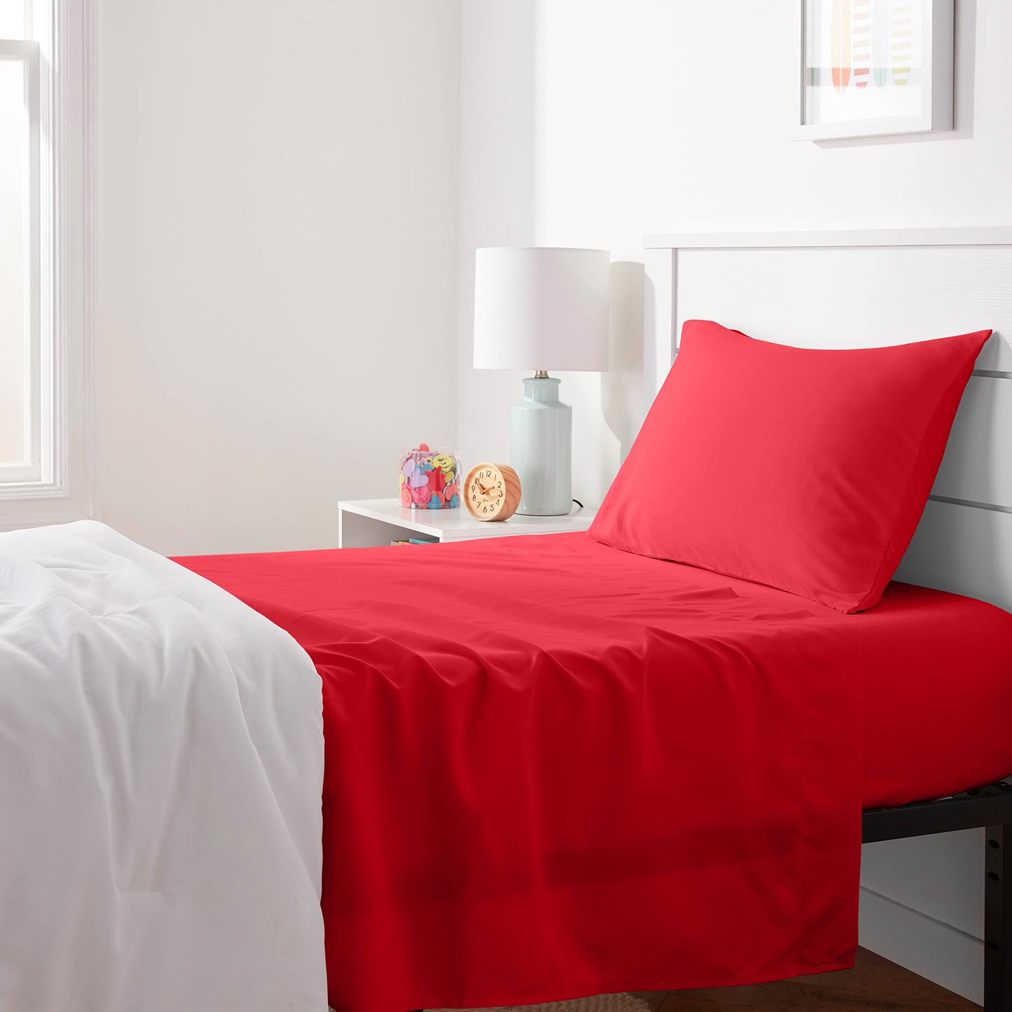 Amazon Basics Kid's Soft, Breathable, Machine Washable Microfiber 3-Piece Sheet Set with Pillowcase, Twin, Red, Solid
