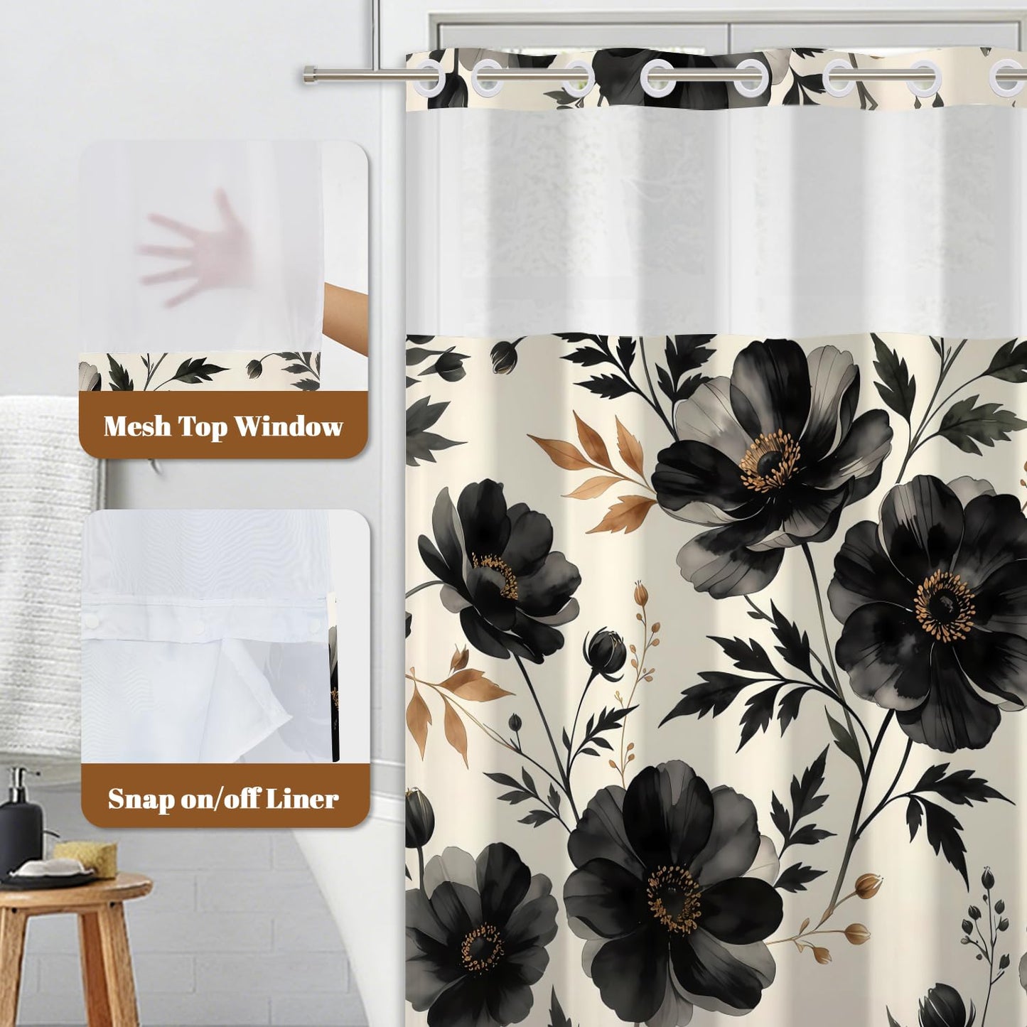 Xiazhilaio Black Floral Shower Curtain with Snap in Liner, 71x74 Inch