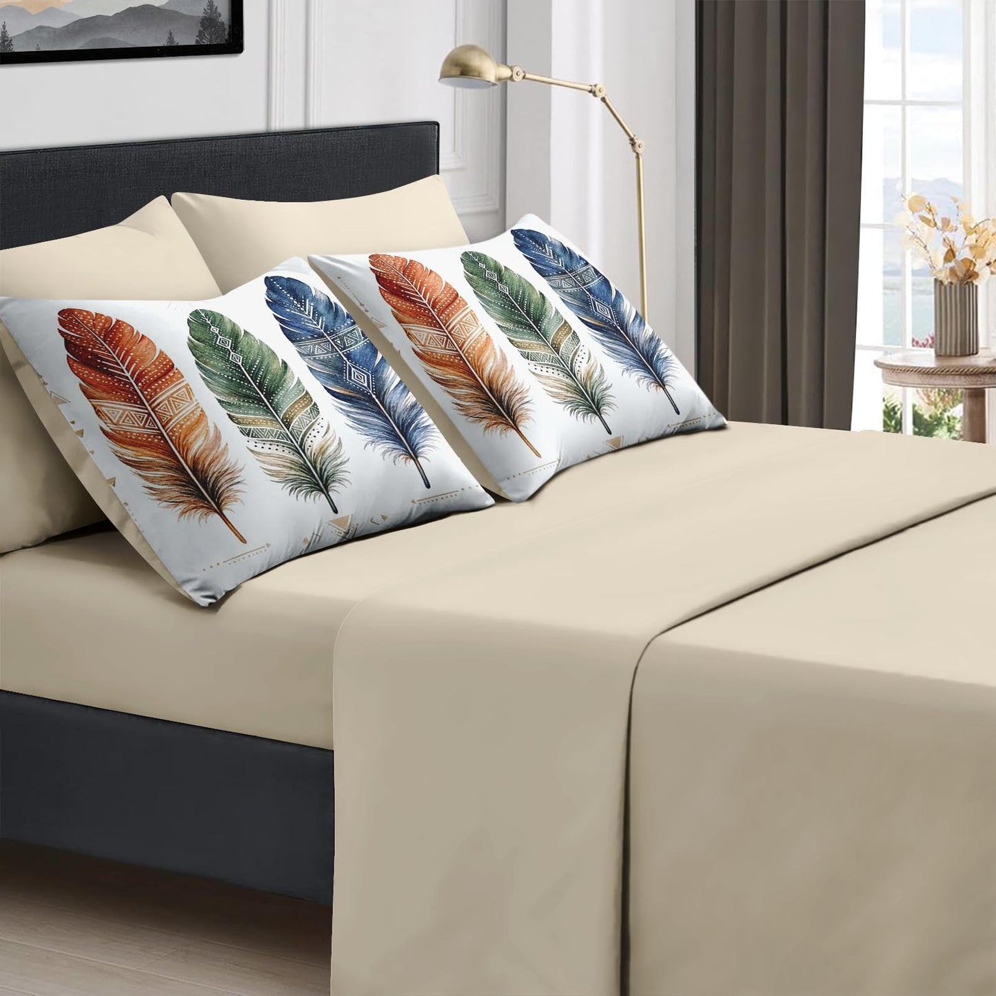 Boewywh Comforter Set Twin Size Feather Boho Aztec 7 Pcs, Bedding for Kids and Adults, Western Geometric Bed Sheet Sets with Fitted Sheet 2 Pillowcases & 2 Shams for Bedroom Bed Decor