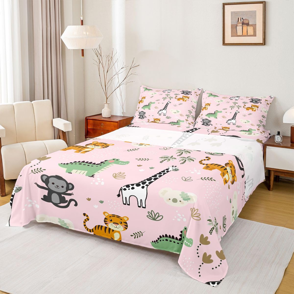 Erosebridal Jungle Animals Bed Sheets Full Cartoon Kawaii Sheet Set for Kids Boys Girls Monkey Giraffe Crocodile Tiger Sheets Hunting Wildlife Flat Fitted Sheet 3 Pcs