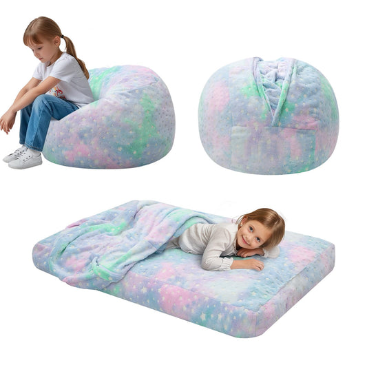COMAX Kids Bean Bag Chair Turn into Beanbag Bed, Unicorn Toddler Bean Chair, Lazy Children Sofa Couch with Filler, Convertible Child Floor Mattress for boy, Colorful Star