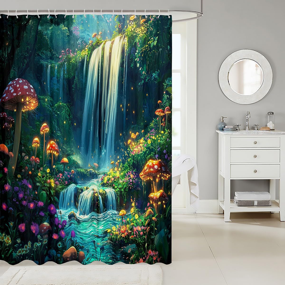 jejeloiu Cute Mushroom Shower Curtain 72"x78" Colorful Floral Mushrooms Bath Curtain for Boys Girls Teens Waterfall Bathroom Shower Curtain Set Waterproof Nature Landscape Kids Bathroom Accessories