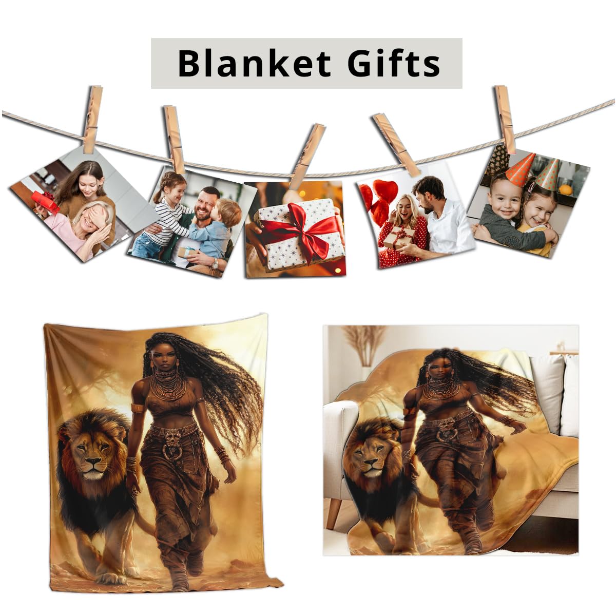 HUNXIAOJ African American Throw Blanket Lion Animals and Black Women Print Blankets Soft Flannel Bedding for Couch Bed Room Home Decor (49"x59")