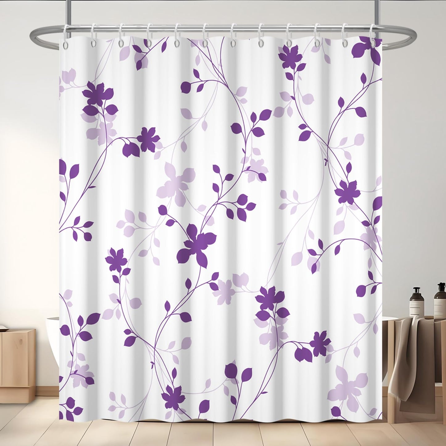 GICDSU Purple Plant Leaves Shower Curtain, Waterproof Fabric Shower Curtain Set with 12 Hooks, Modern Farmhouse Leaf Pattern Shower Curtains for Bathroom, 72x72 Inches