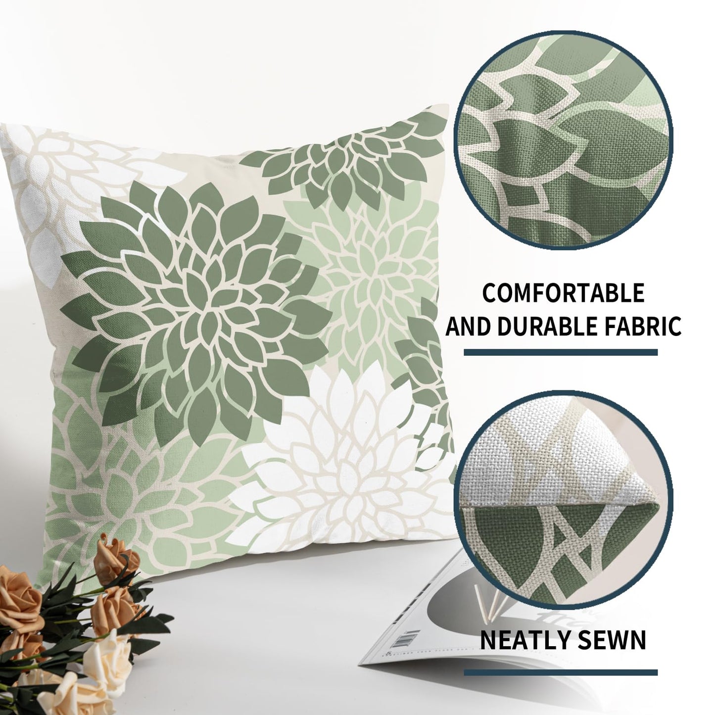 aportt Sage Green White Floral Pillow Covers 18X18 Inch Set of 2 Geometric Dahlia Flower Decorative Pillow Cases Modern Cotton Linen Cushion Case Farmhouse Home Decor for Sofa Couch Bedroom
