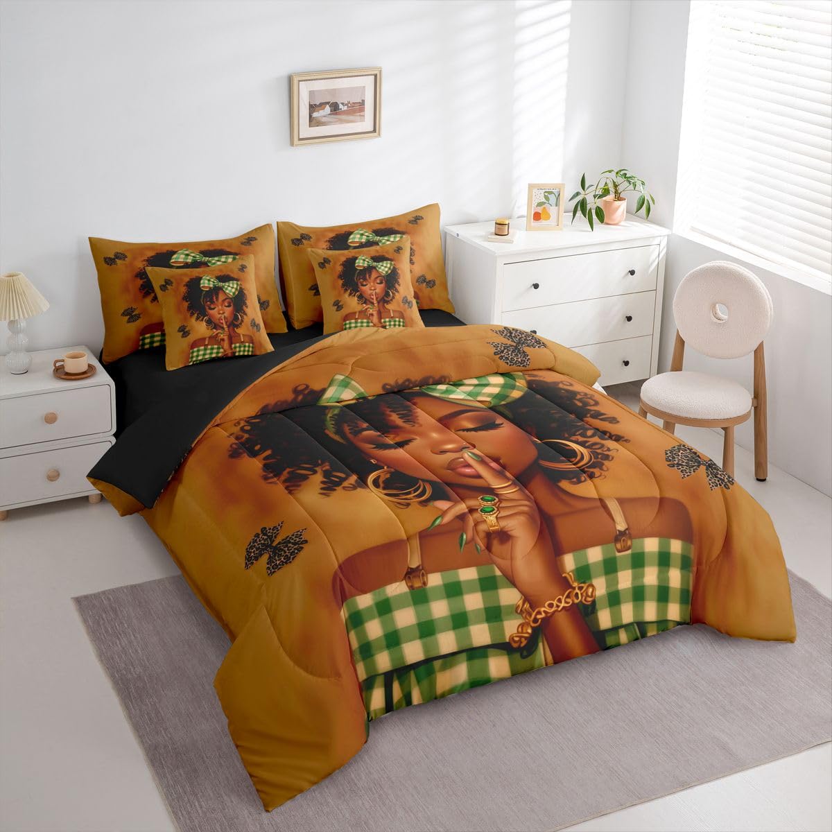 Erosebridal Cute Bow Black Girls Queen Bedding Set Green Geometric Grid Comforter Set with Flat and Fitted Sheet Leopard Print Bowknot 7-Piece Bed in a Bag Coquette Cheetah Bows Quilt Sets