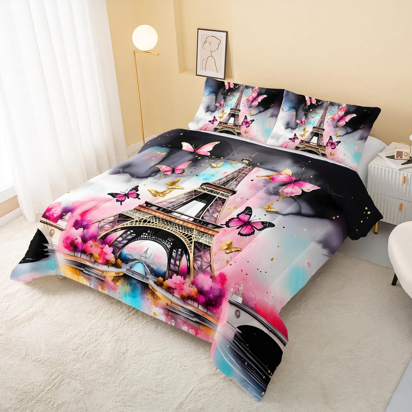 QOOMO Eiffel Tower Kids Full Comforter Set 3Pcs Pink Butterfly Bedding Set for Girls Boys Black and White Paris Printed Comforter with 2 Pillowcases Lightweight Microfiber for All Seasons